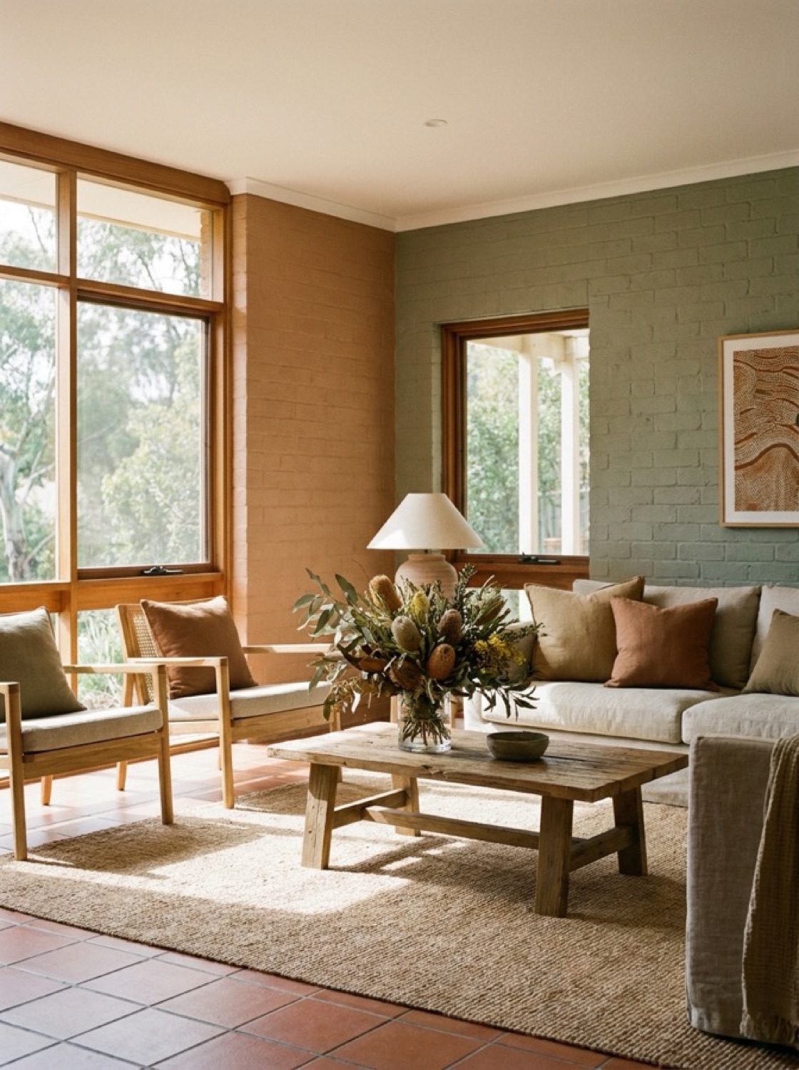 An earthy Australian room with real terracotta floor tiles