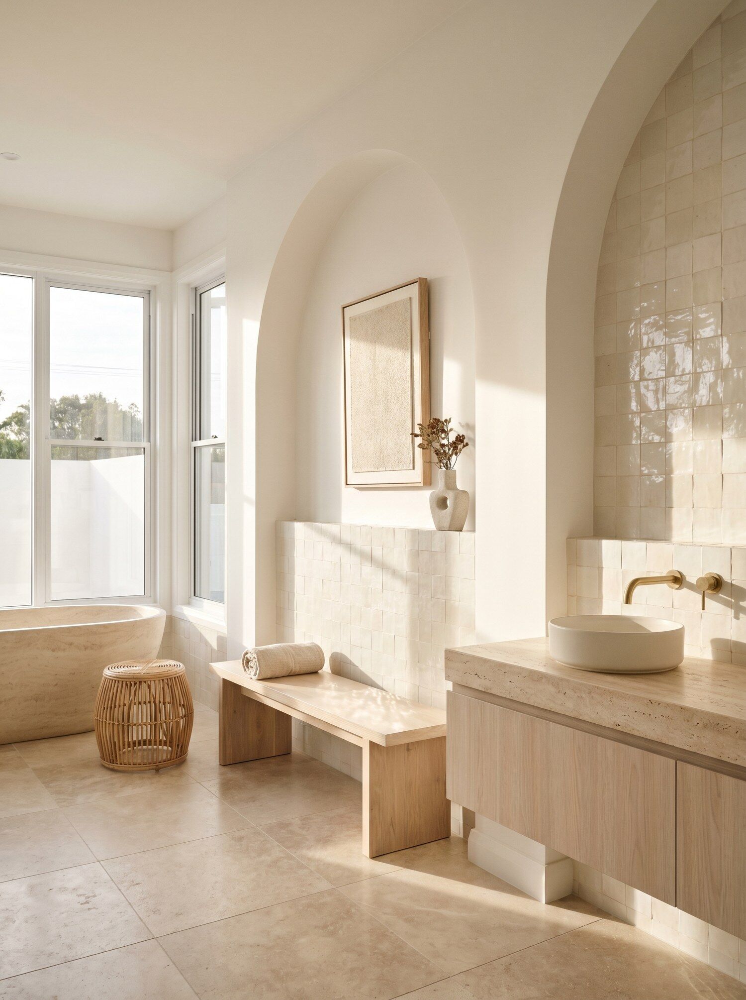 Modern Mediterranean ensuite in honed travertine