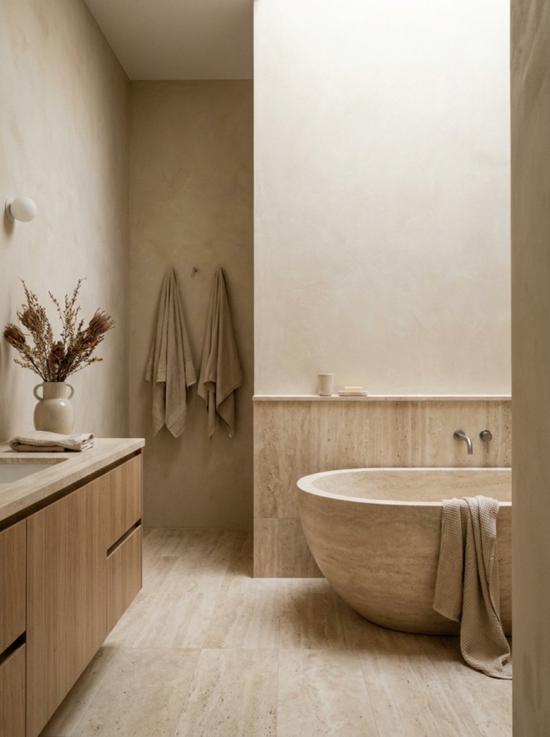A warm minimalist ensuite in honed travertine